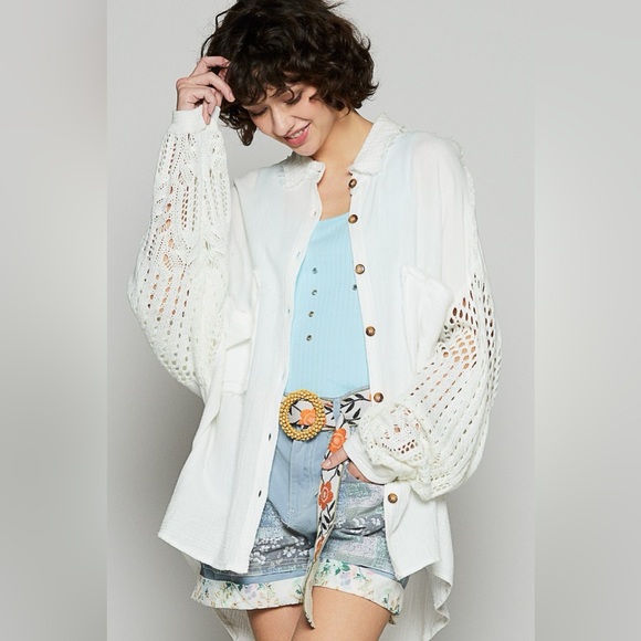 POL Openwork Lantern Sleeve Button Down Gauze Shirt - Picture 1 of 3